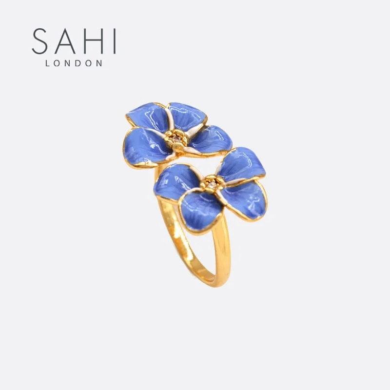 morganite silver ring-Sahi Gold Enameled Blue Flower Adjustable Ring