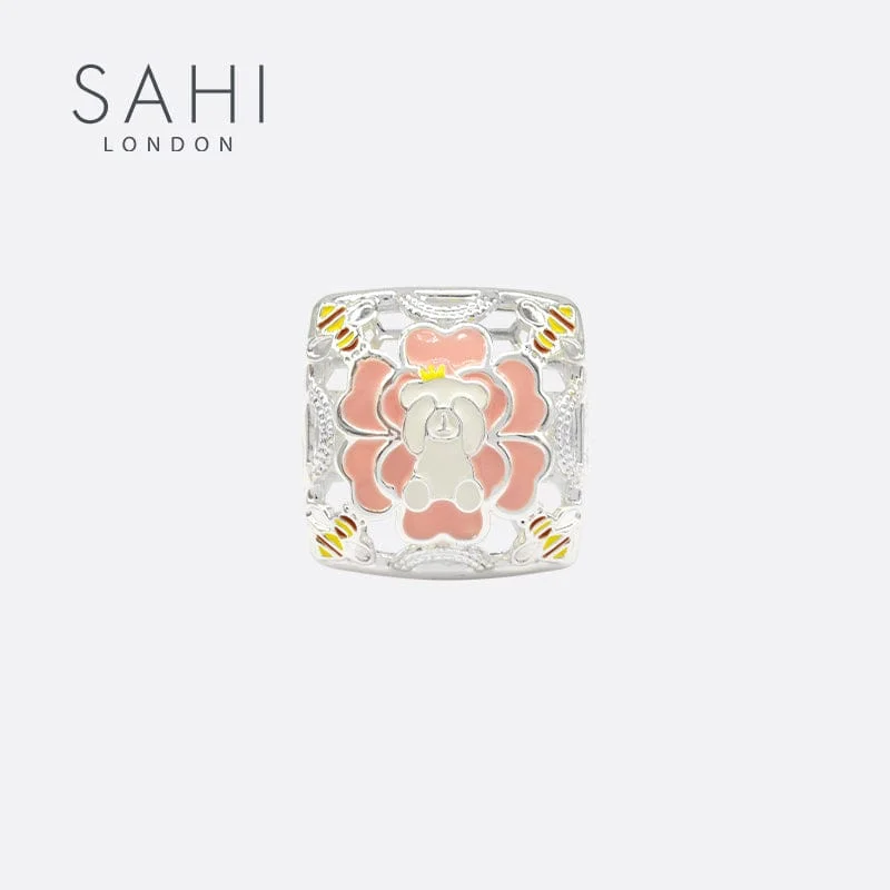 sprig gold ring-Sahi Gold Enameled Square Camellia Bear Ring