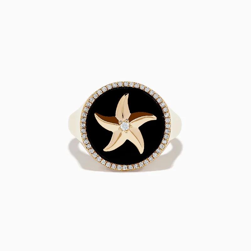 fluid promise ring-Seaside 14K Yellow Gold Black Agate and Diamond Starfish Ring