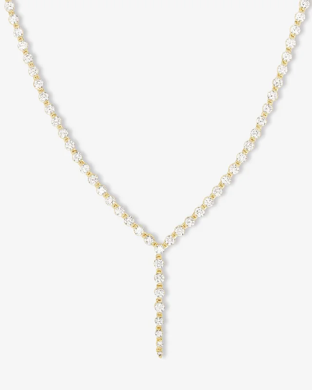 extravagant statement necklace-She's an Icon Lariat Tennis Necklace 18" - Gold|White Diamondettes