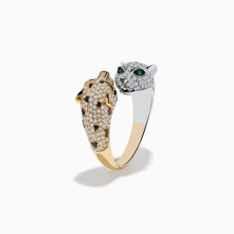 floral sprig ring-Signature 14K 2-Tone Gold Diamond and Emerald Panther Bypass Ring