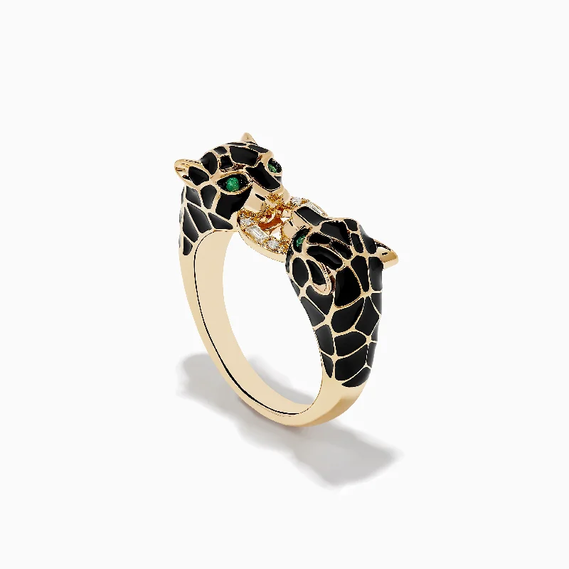 tech matte ring-Signature 14K Yellow Gold Emerald and Diamond Black Enamel Panther Ring