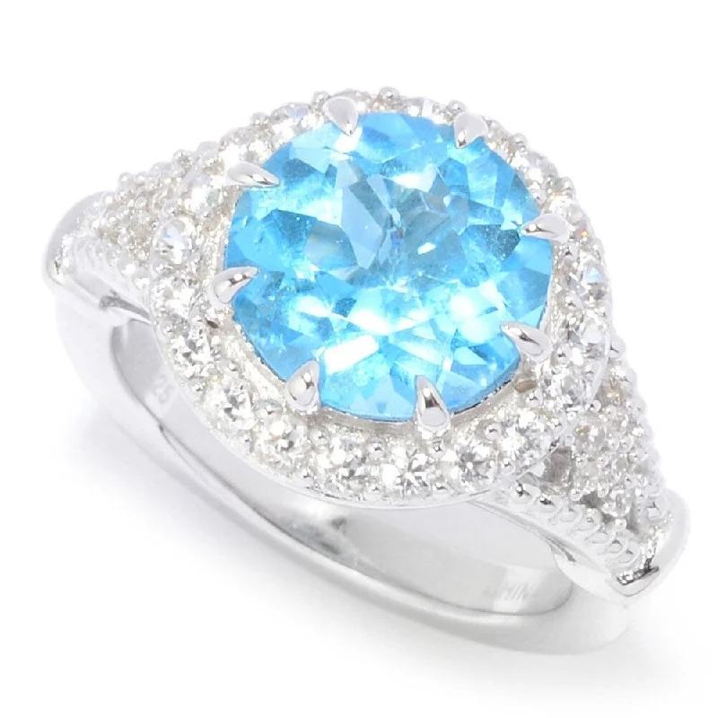 topaz band ring-Sterling Silver 10mm Round Blue Topaz & White Zircon Halo Ring