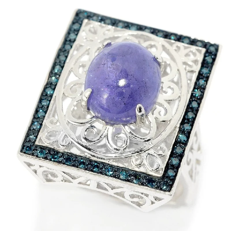 astral star ring-Sterling Silver 11 x 9mm Tanzanite & Blue Diamond Filigree Ring