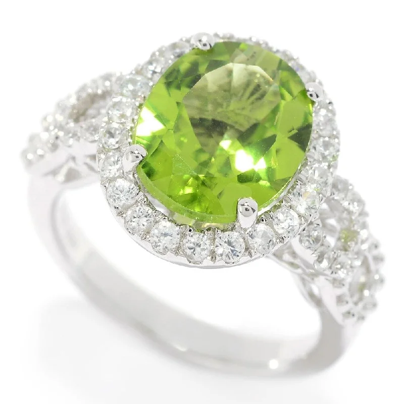 silver coil ring-Sterling Silver 12 x 10mm Peridot & White Zircon Halo Ring