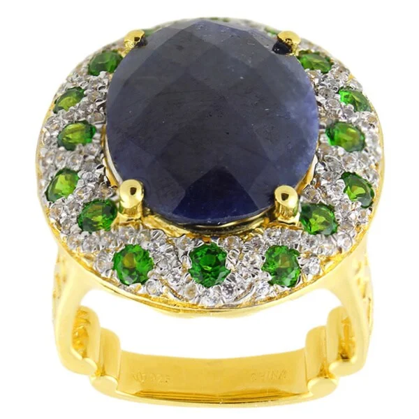 distressed statement ring-Sterling Silver 13 1/4 ctw Blue Sapphire, White Zircon and Chrome Diopside Ring