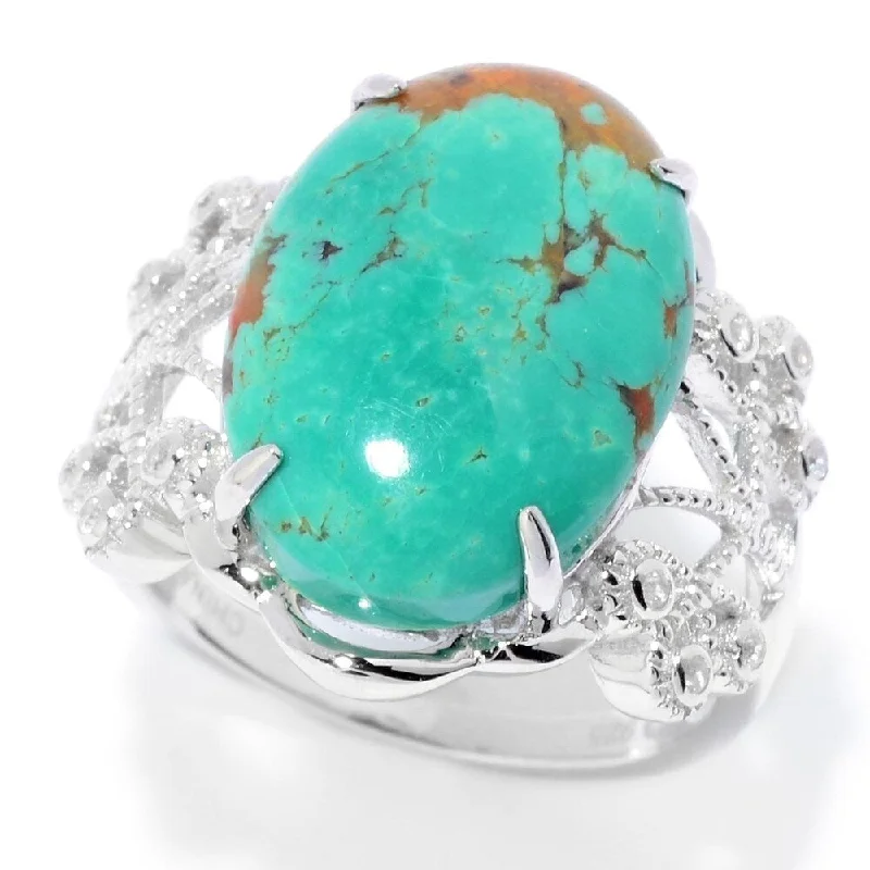 tech gemstone ring-Sterling Silver 17 x 12mm Oval Tyrone Turquoise & White Zircon Ring