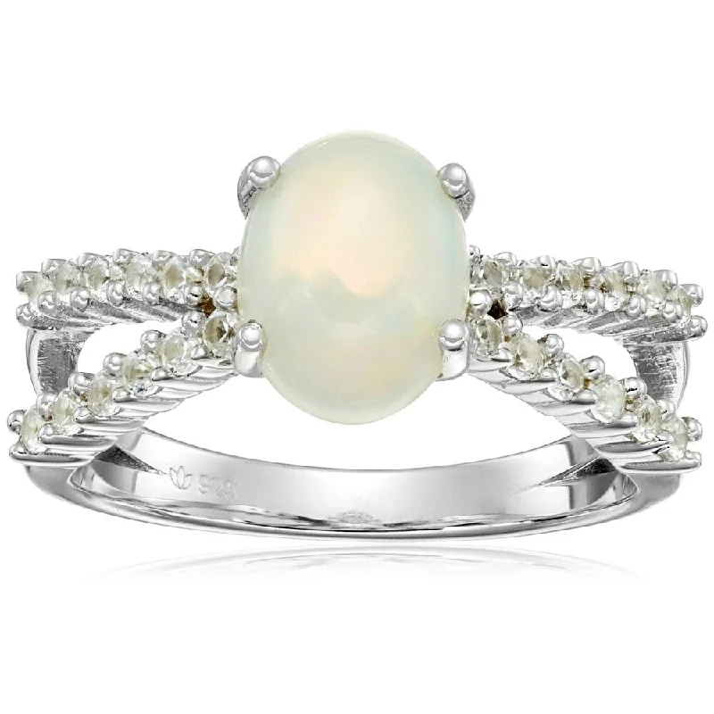 fluid promise ring-Sterling Silver, Ethiopian Opal, and Created White Sapphire Ring, Size 7