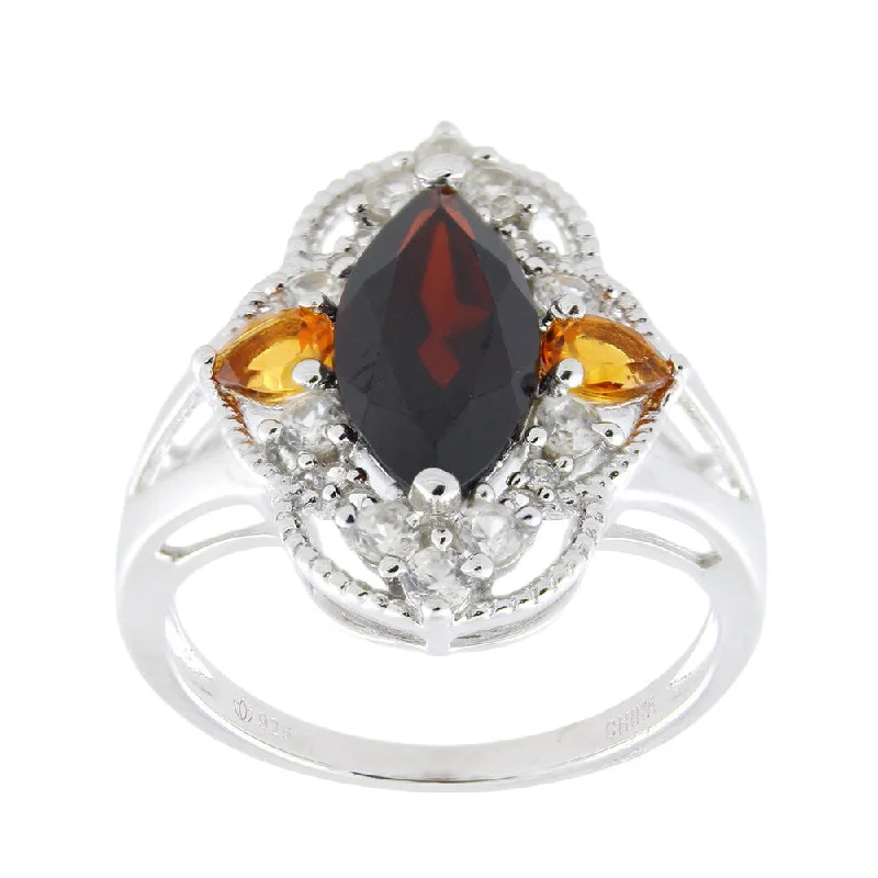 interlocked gold ring-Sterling Silver Marquise Garnet Citrine and White Zircon Ring - Red