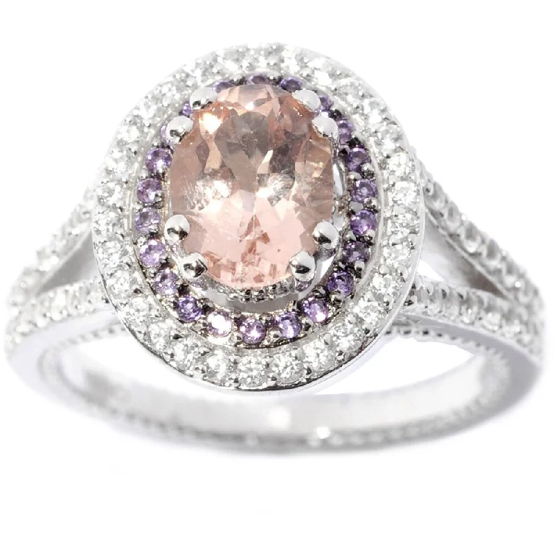 gothic diamond ring-Sterling Silver Morganite, Amethyst, White Zircon Double Halo Ring