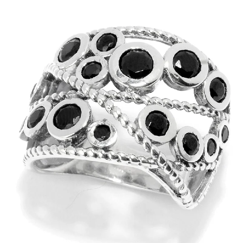 fluid stacking ring-Sterling Silver Round Black Spinel Beaded Wide Band Ring