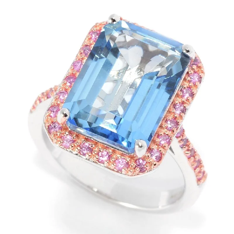 adaptable birthstone ring-Sterling Silver Two-tone 8.92ctw Aquamarine Blue Topaz & Pink Sapphire Halo Ring