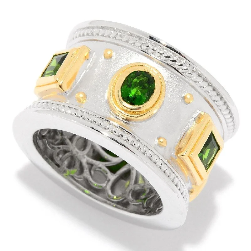 adaptable gold ring-Sterling Silver Two-tone Chrome Diopside Etruscan Wide Band Ring