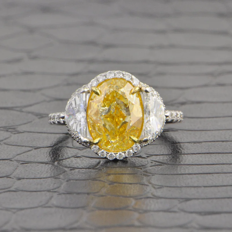 distressed gold ring-Stunning Fancy Yellow Oval Cut Diamond with Half Moon Sides