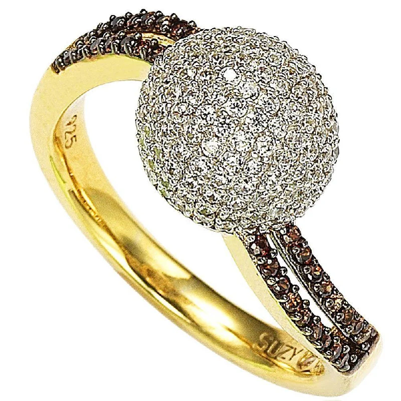 slender gold ring-Suzy Levian Anniversary Brown and White Cubic Zirconia Pave Gold Plated Sterling Silver Ring