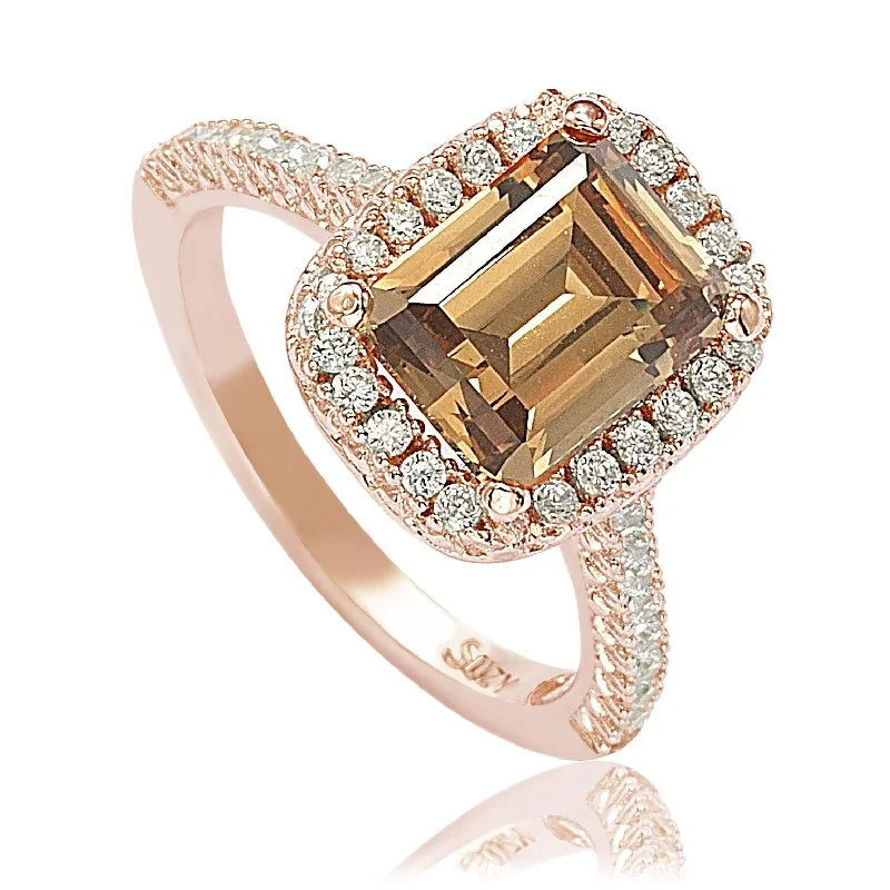 sprig gold ring-Suzy Levian Bridal Brown Cubic Zirconia with Halo Rose Sterling Silver Ring