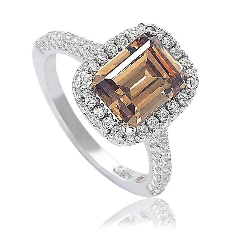 engraved name ring-Suzy Levian Bridal Brown Cubic Zirconia with Halo Sterling Silver Ring