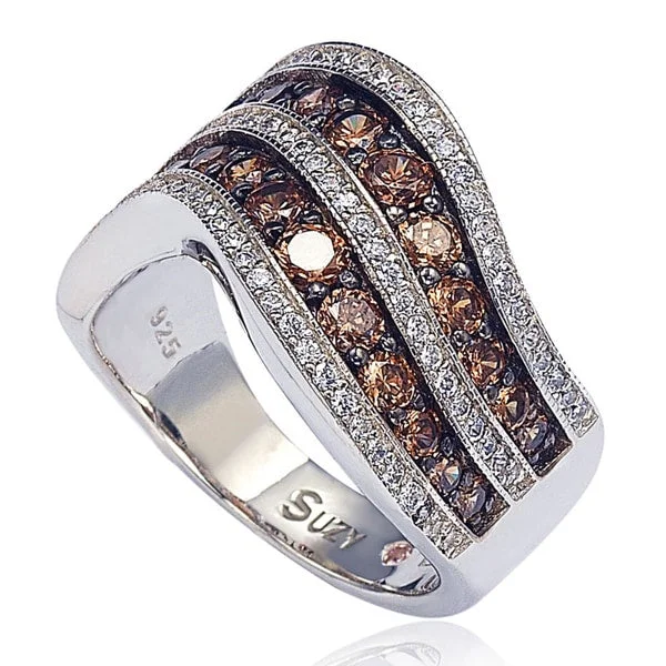 refined lattice ring-Suzy Levian Brown and White Cubic Zirconia Sterling Silver Ring