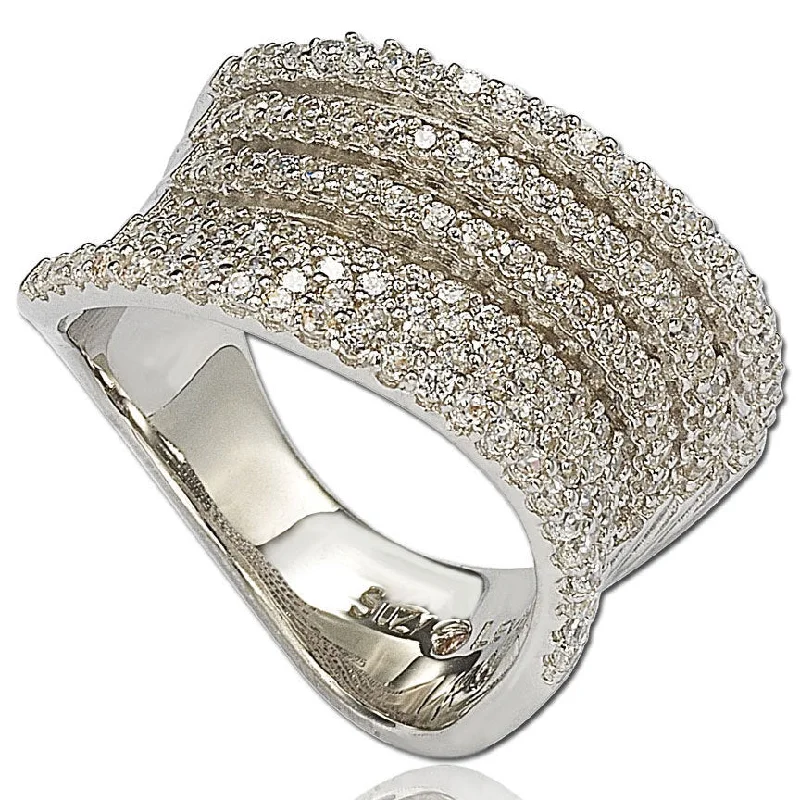 sculpted diamond ring-Suzy Levian Cubic Zirconia Sterling Silver Pave Wavy Crossing Ring