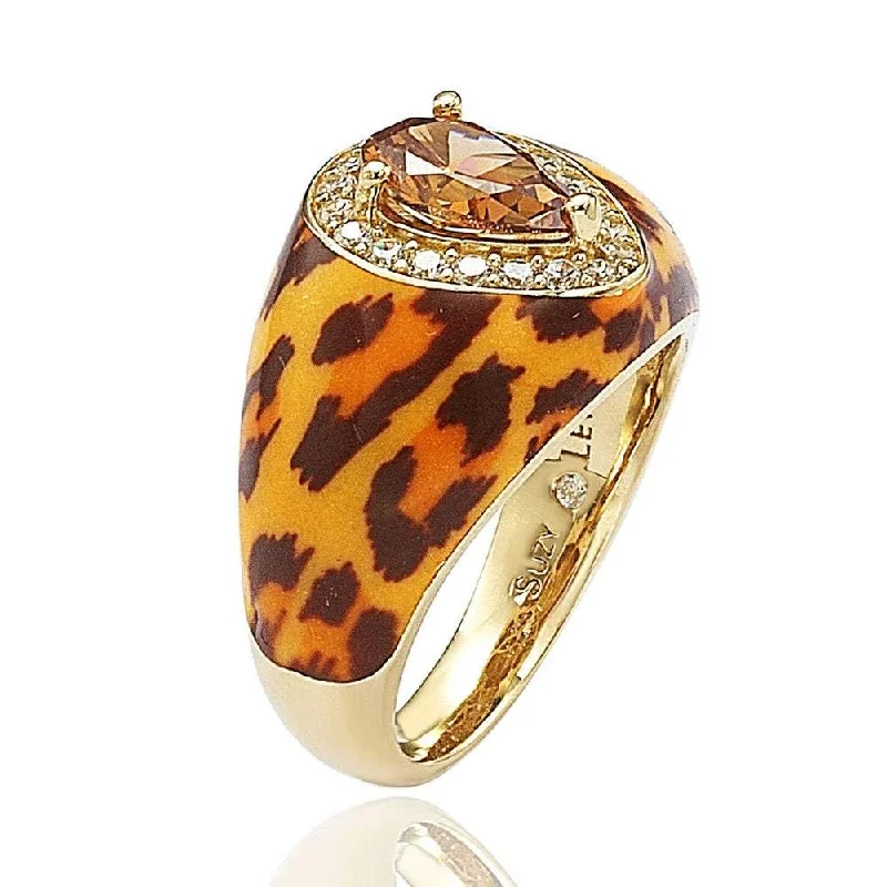 matte black onyx ring-Suzy Levian Gold over Silver Brown Pear cut Cubic Zirconia Panther Animal Print Ring