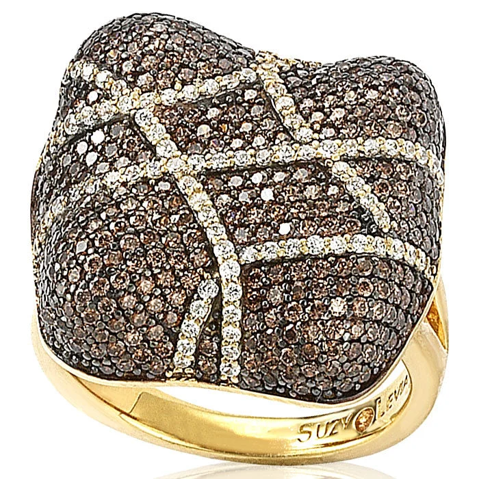 topaz band ring-Suzy Levian Gold Plated Sterling Silver Brown Cubic Zirconia Crossover Micro Pave Cushion Anniversary Ring