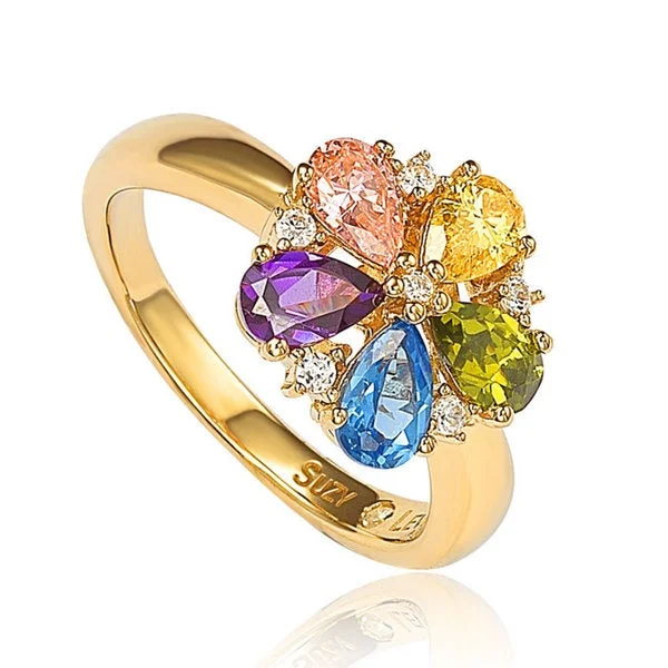 two-shade promise ring-Suzy Levian Gold plated Sterling Silver Multi-colored Cubic Zirconia Floral Ring