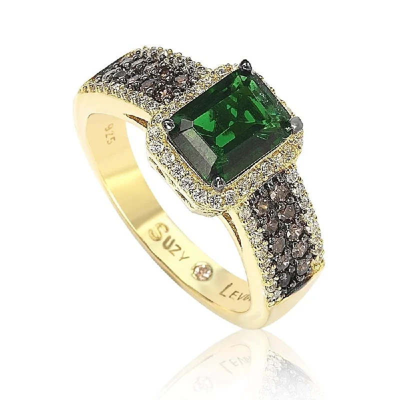 tech angular ring-Suzy Levian Golden Sterling Silver Emerald-Cut Green and Brown Cubic Zirconia Halo Ring