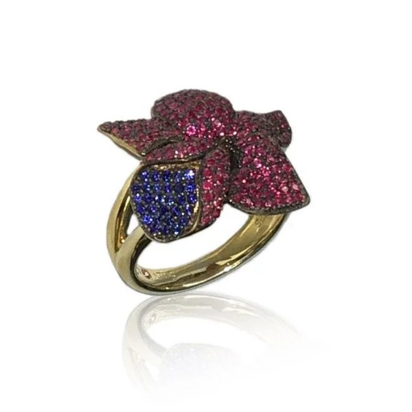 fluid stacking ring-Suzy Levian Golden Sterling Silver Red & Blue Cubic Zirconia American Flower Ring