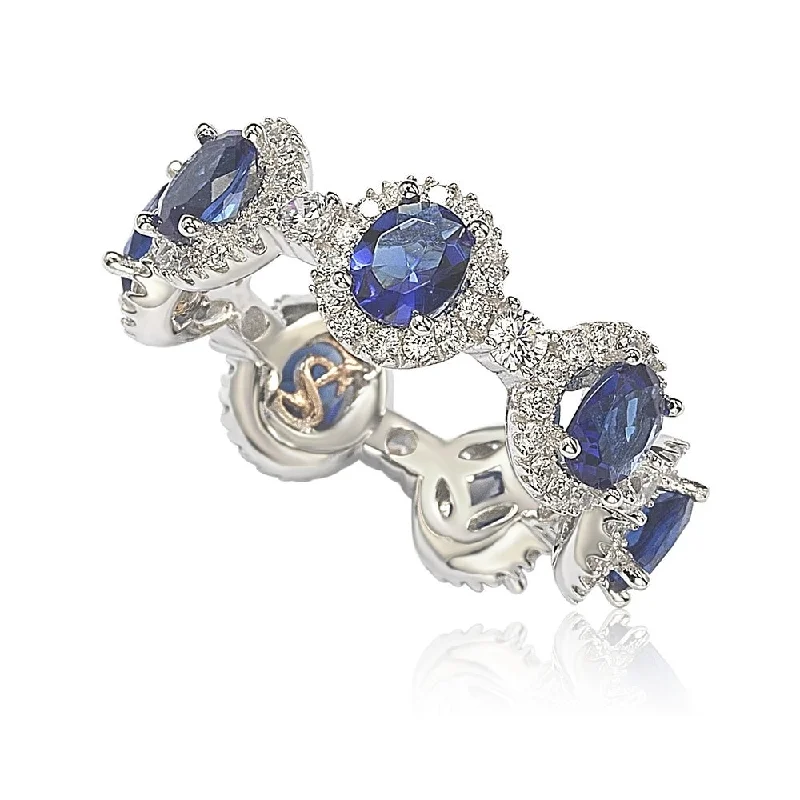 extravagant cocktail ring-Suzy Levian Oval-Cut Blue Sapphire Cubic Zirconia in Sterling Silver Stackable Band