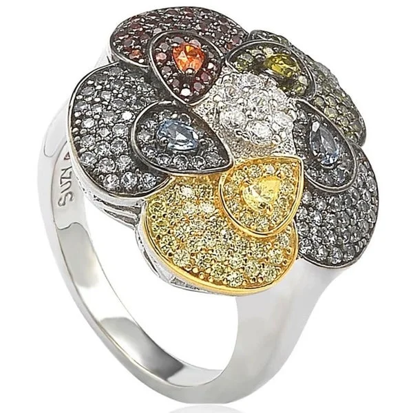 gothic silver ring-Suzy Levian Pave Cubic Zirconia Sterling Silver Multi-Color Flower Ring