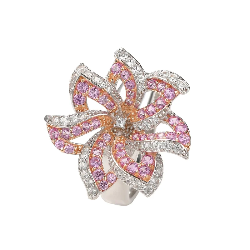 sprig sapphire ring-Suzy Levian Pink Sapphire and Diamond in Sterling Silver Flower Ring