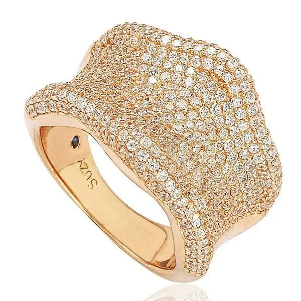 ripple-shaped promise ring-Suzy Levian Rose Sterling Silver Cubic Zirconia Pave Curved Wide Ring