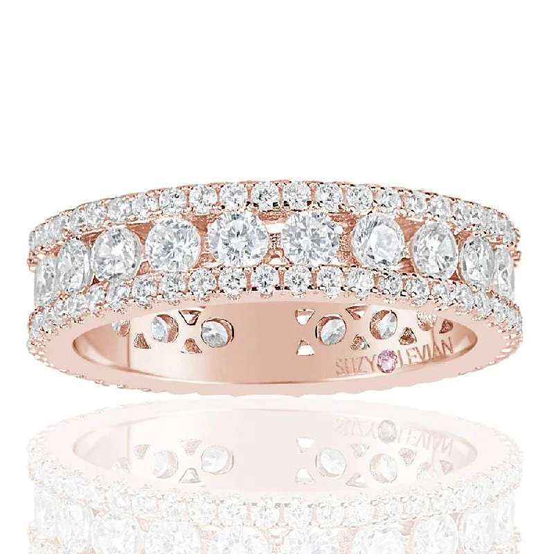 ripple-shaped promise ring-Suzy Levian Rose Sterling Silver Cubic Zirconia White Three Row Modern Eternity Band