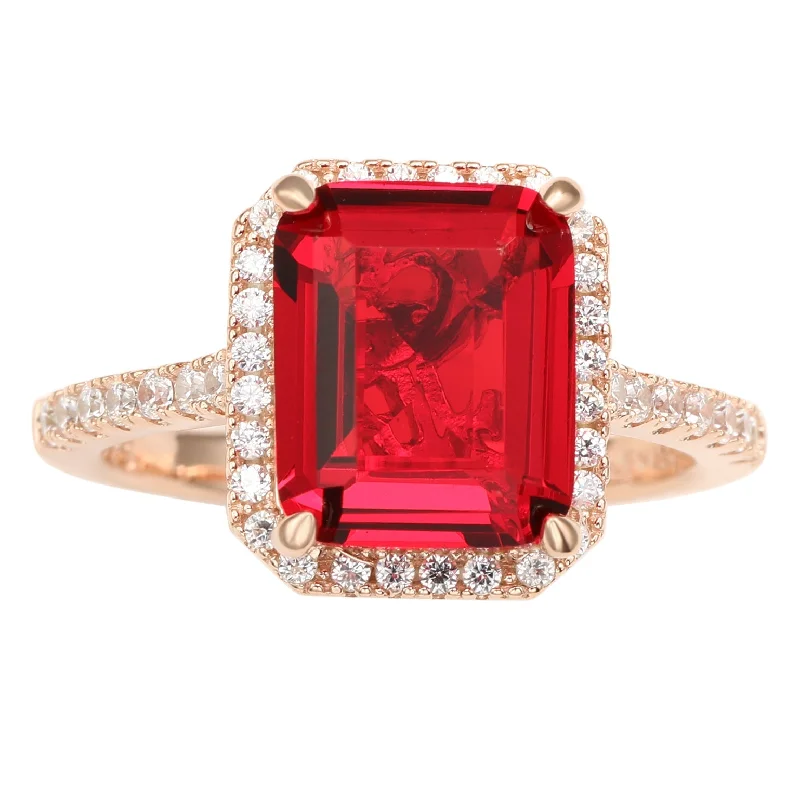 fluid promise ring-Suzy Levian Rose Sterling Silver Large Emerald-Cut Red and White Cubic Zirconia Halo Ring