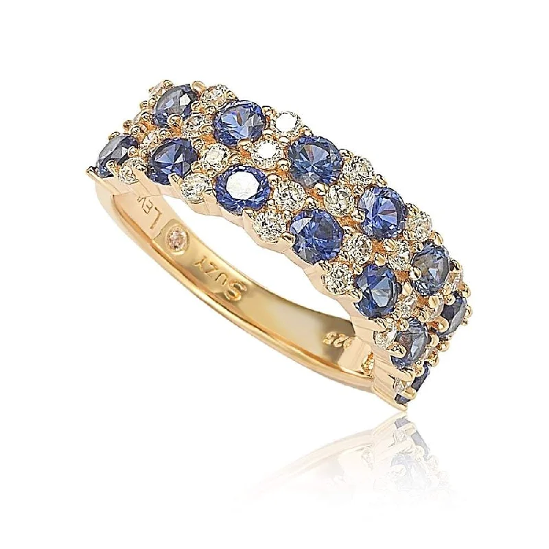 twist shank ring-Suzy Levian Rose Sterling Silver Natural Blue Sapphire and Diamond Accent Double Row Band