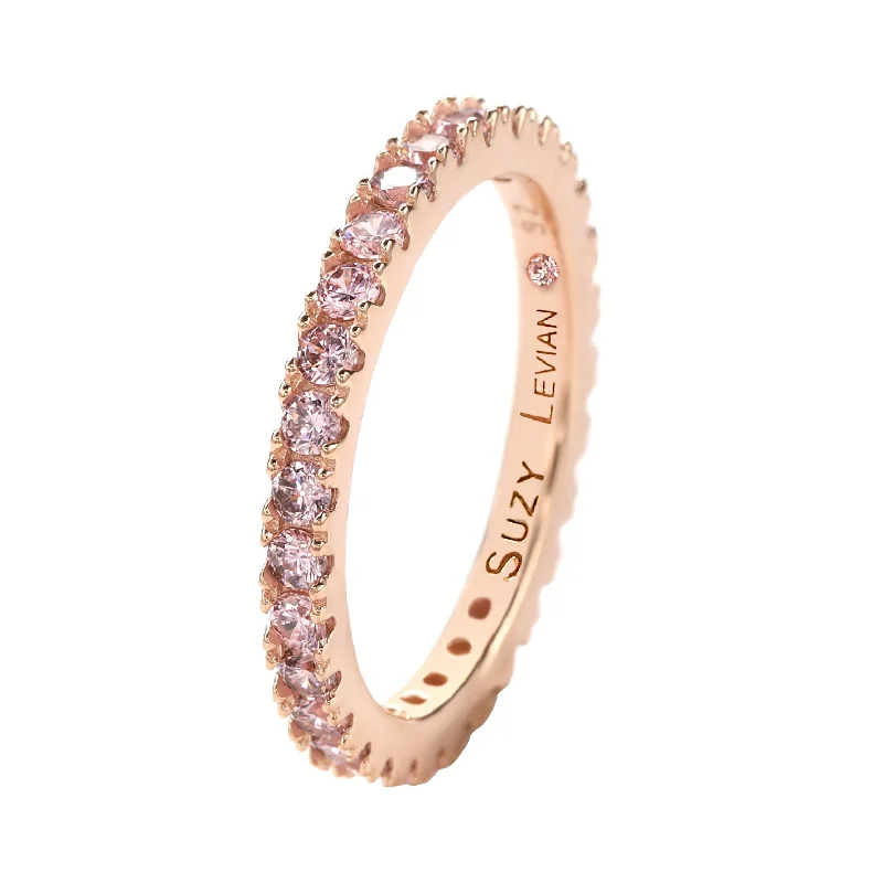 crescent wave ring-Suzy Levian Rose Sterling Silver Thin Pink Cubic Zirconia Eternity Band