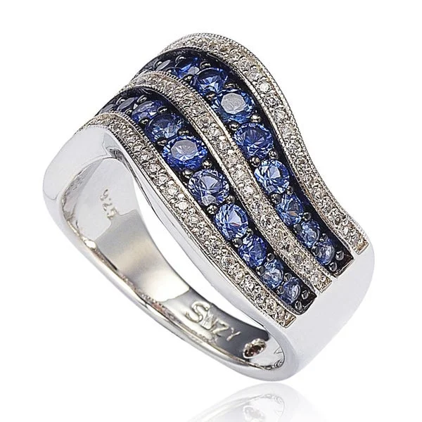 floral-themed stack ring-Suzy Levian Sterling Silver/ 18k Gold 2.49TCW Sapphire and Diamond Accent Wavy Ring