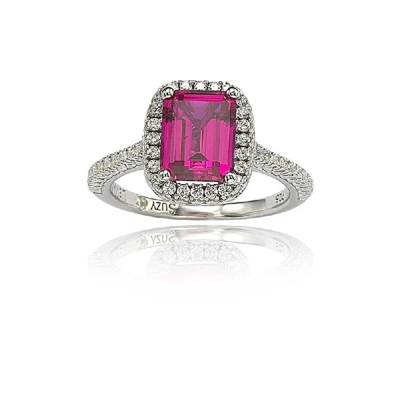 bronze band ring-Suzy Levian Sterling Silver Asscher-cut Created Ruby Cubic Zirconia Halo Ring