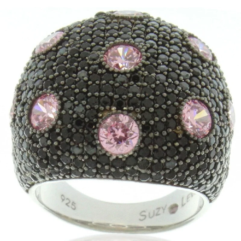 chiseled wedding ring-Suzy Levian Sterling Silver Black and Pink Cubic Zirconia Pave Oversized Dome Ring