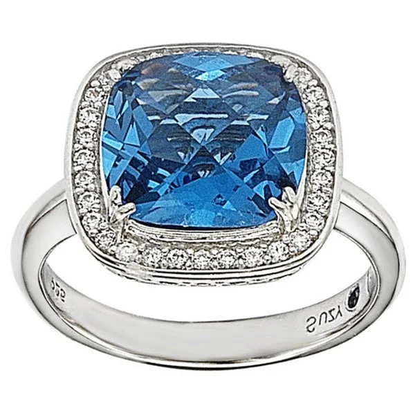 furrowed silver ring-Suzy Levian Sterling Silver Blue and White Cubic Zirconia Halo Ring