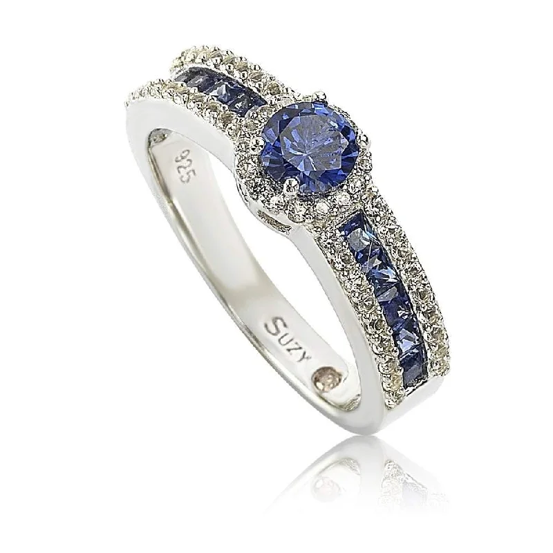 sculpted silver band ring-Suzy Levian Sterling Silver Blue Sapphire & Diamond Accent Princess-Cut Bridal Ring