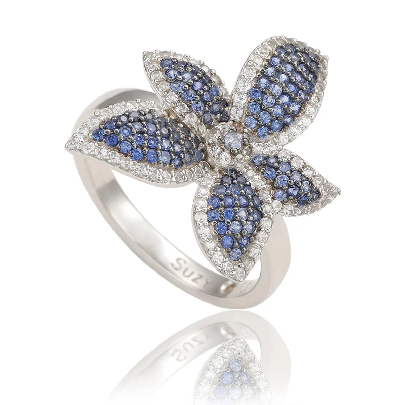 chiseled monogram ring-Suzy Levian Sterling Silver Blue Sapphire & White Sapphire Flower Ring