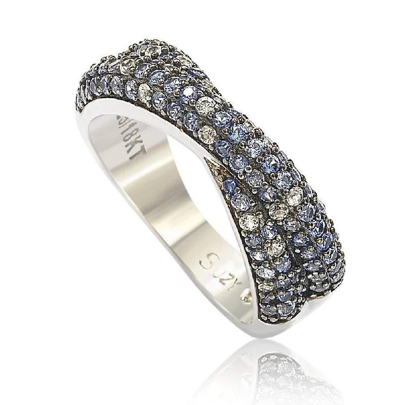 pearl interlocked ring-Suzy Levian Sterling Silver Blue & White Sapphire & Diamond Accent Petite Pave Crossover Ring