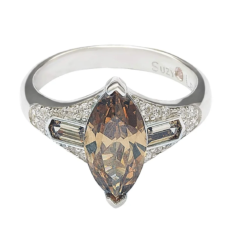 fluid promise ring-Suzy Levian Sterling Silver Brown Cubic Zirconia Marquise Ring