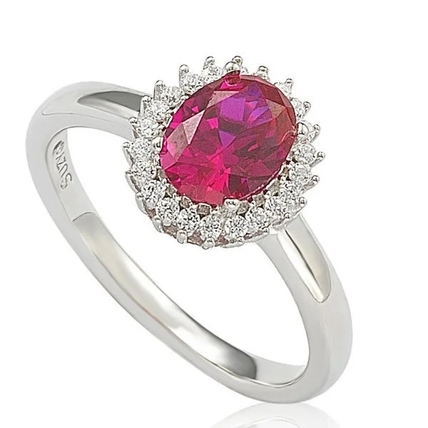 aquamarine halo ring-Suzy Levian Sterling Silver Created Ruby Cubic Zirconia Halo Ring