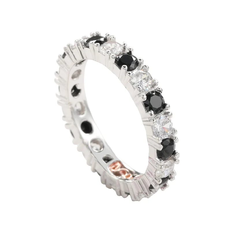 retro-style band ring-Suzy Levian Sterling Silver Cubic Zirconia Black Alternating Eternity Band