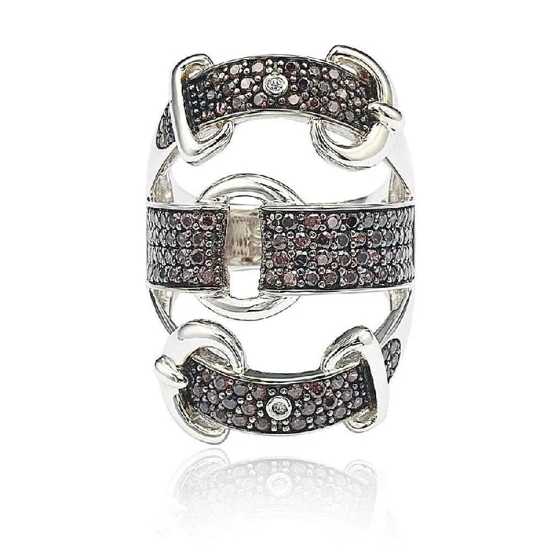 pentagon-shaped ring-Suzy Levian Sterling Silver Cubic Zirconia Brown and White Buckle Ring