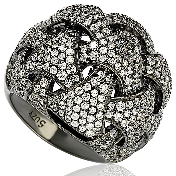 adaptable birthstone ring-Suzy Levian Sterling Silver Cubic Zirconia Crossing Weaving Dome Ring