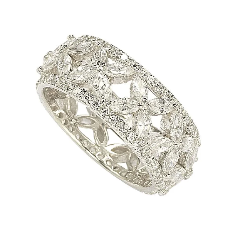 distressed statement ring-Suzy Levian Sterling Silver Cubic Zirconia Floral Eternity Band