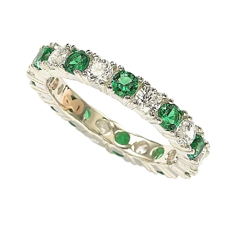 pearl sprig ring-Suzy Levian Sterling Silver Cubic Zirconia Green Emerald Alternating Eternity Band